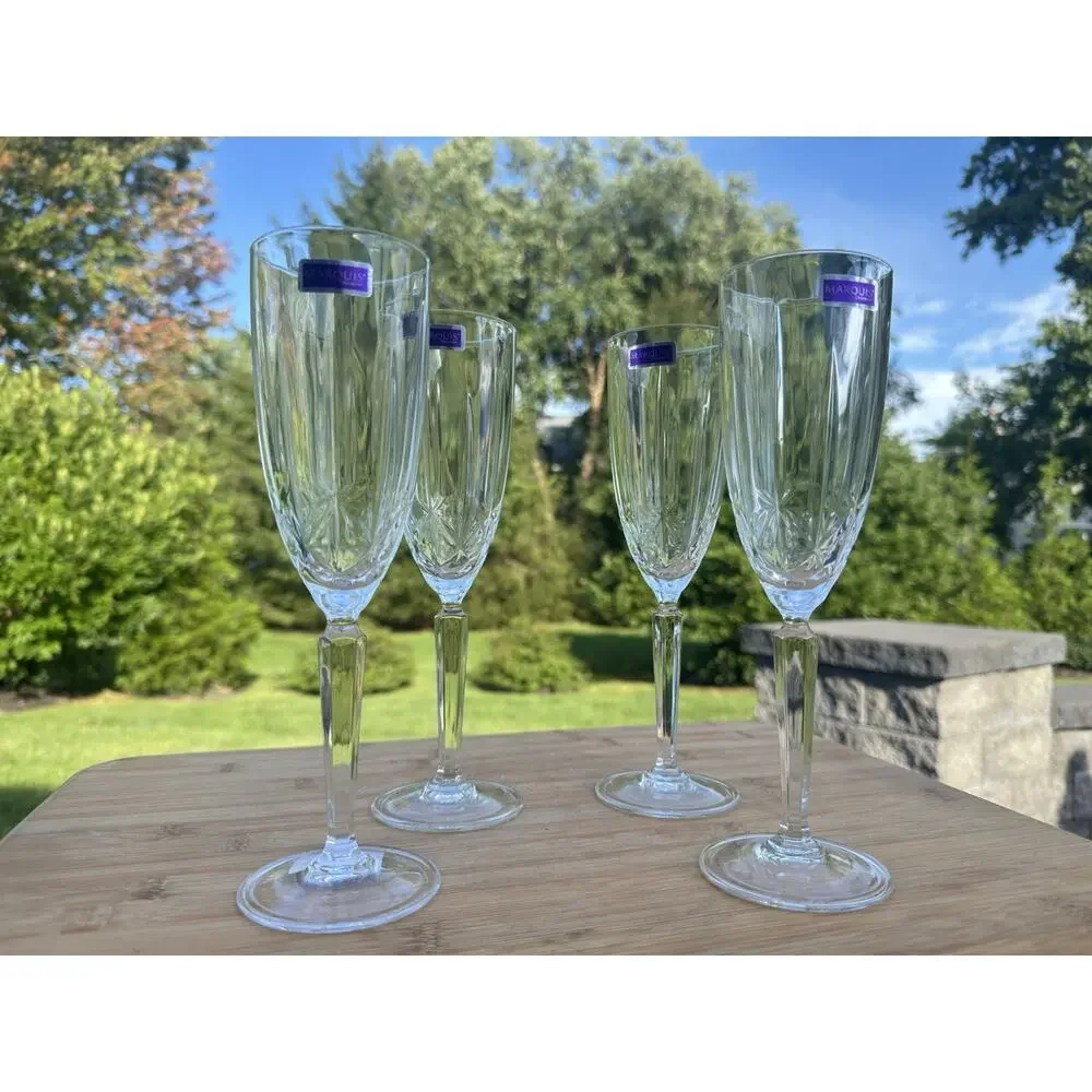 WATERFORD MARQUIS Sparkle Crystal Champagne Flutes Italy 9-3/8”~ Set Of 4